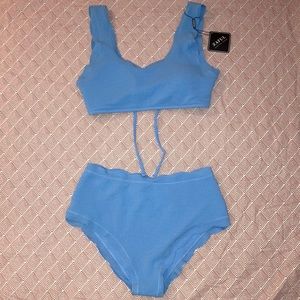 Light Blue Textured Scalloped high-waist bikini
